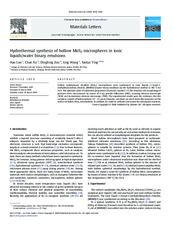 (PDF) Hydrothermal synthesis of hollow MoS2 microspheres in ionic ...