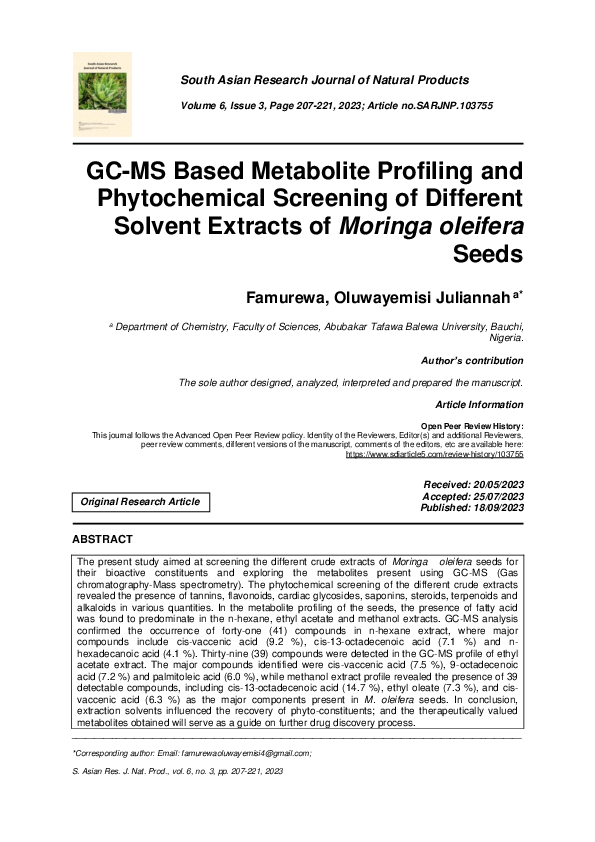(PDF) GC-MS Based Metabolite Profiling and Phytochemical Screening of ...
