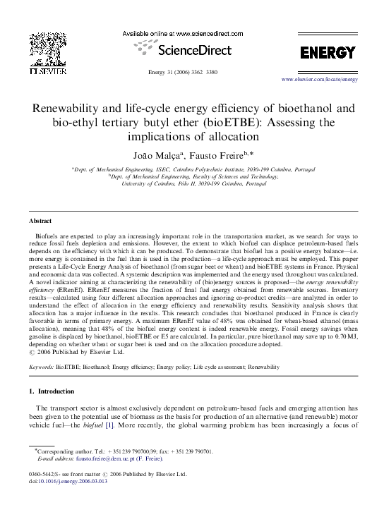 (PDF) Renewability and life-cycle energy efficiency of bioethanol and ...