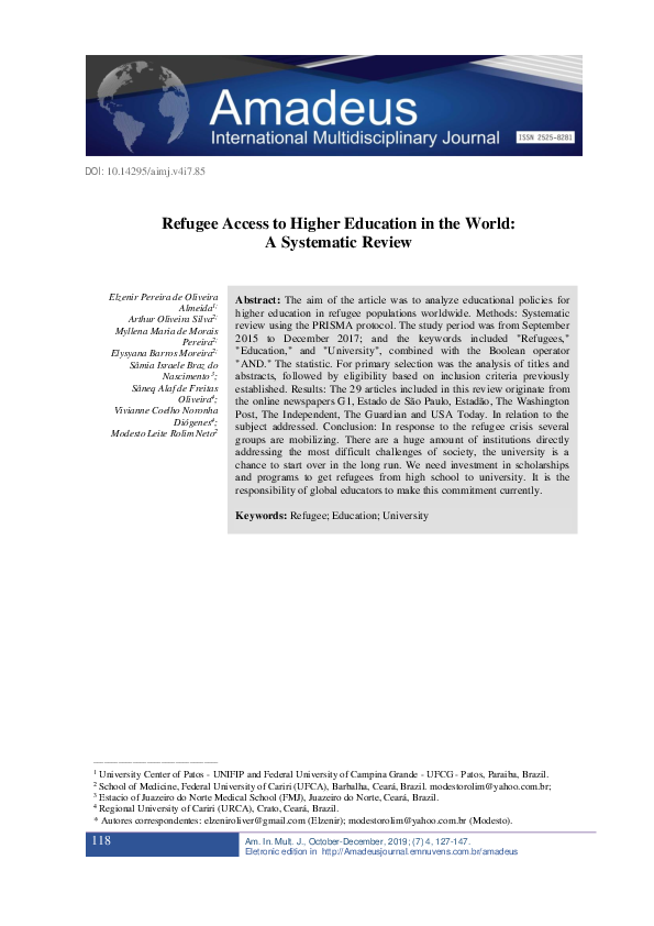 (PDF) Refugee Access to Higher Education in the World: A Systematic Review