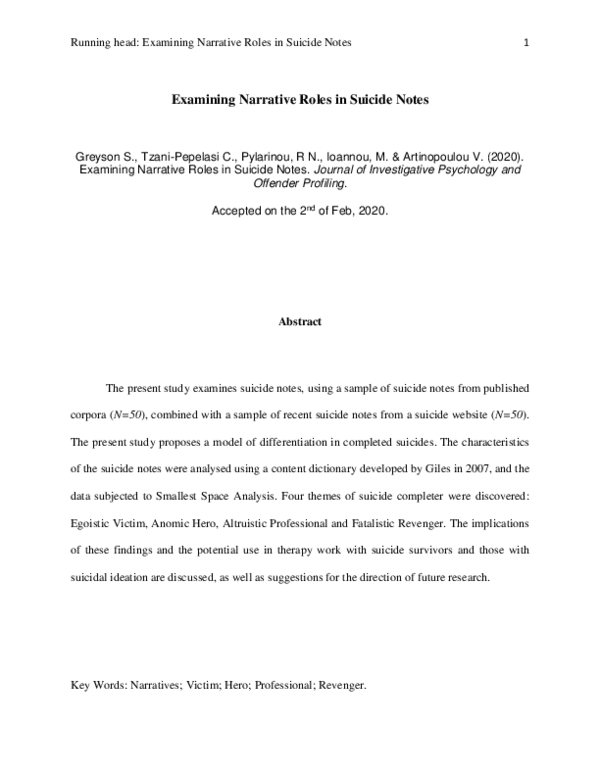 (PDF) Examining the narrative roles in suicide notes