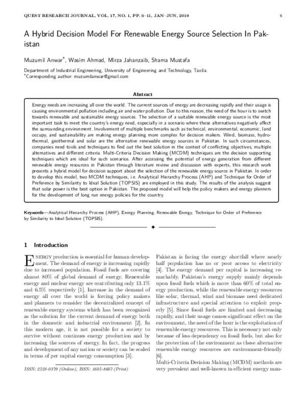 (PDF) A Hybrid Decision Model For Renewable Energy Source Selection In ...