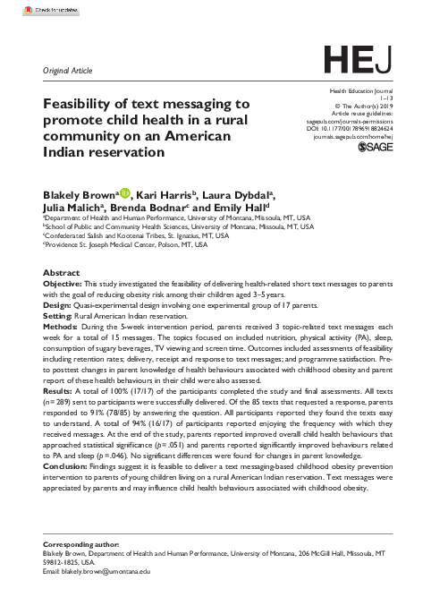 (PDF) Feasibility of text messaging to promote child health in a rural ...