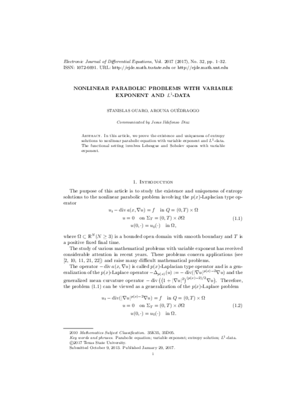 (PDF) Nonlinear parabolic problems with variable exponent and L1-data