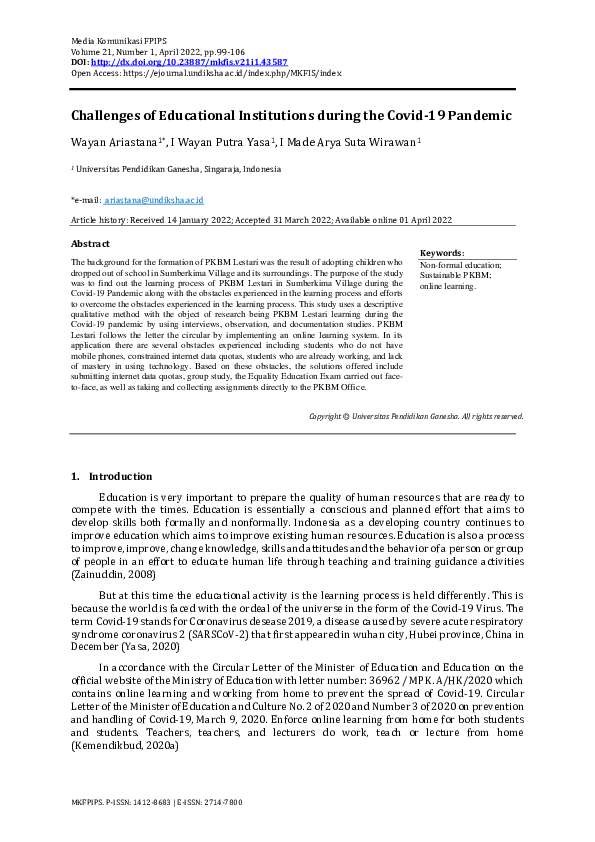 (PDF) Challenges of Educational Institutions during the Covid-19 Pandemic