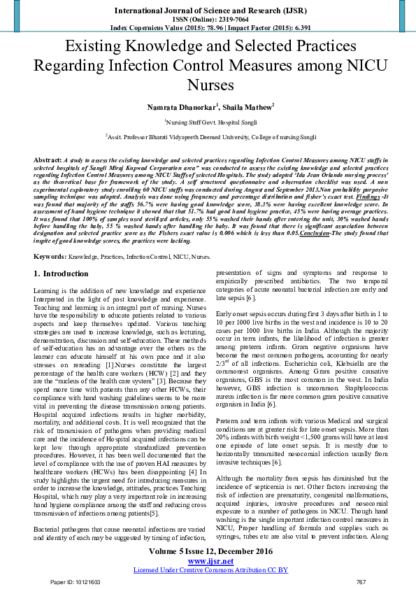 (PDF) Existing Knowledge and Selected Practices Regarding Infection ...