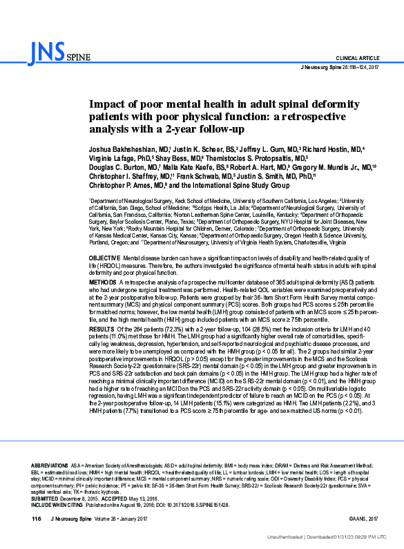 (PDF) Impact of poor mental health in adult spinal deformity patients ...