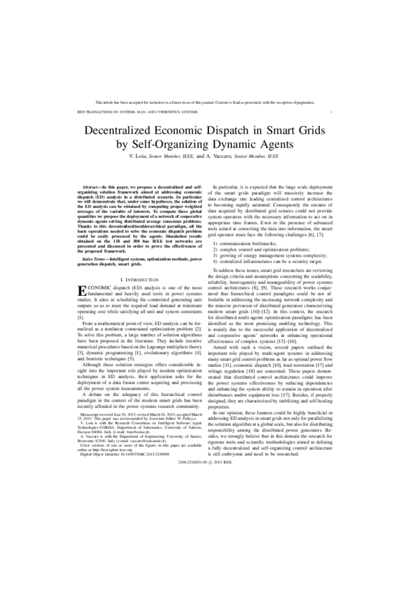 (PDF) Decentralized Economic Dispatch in Smart Grids by Self-Organizing ...