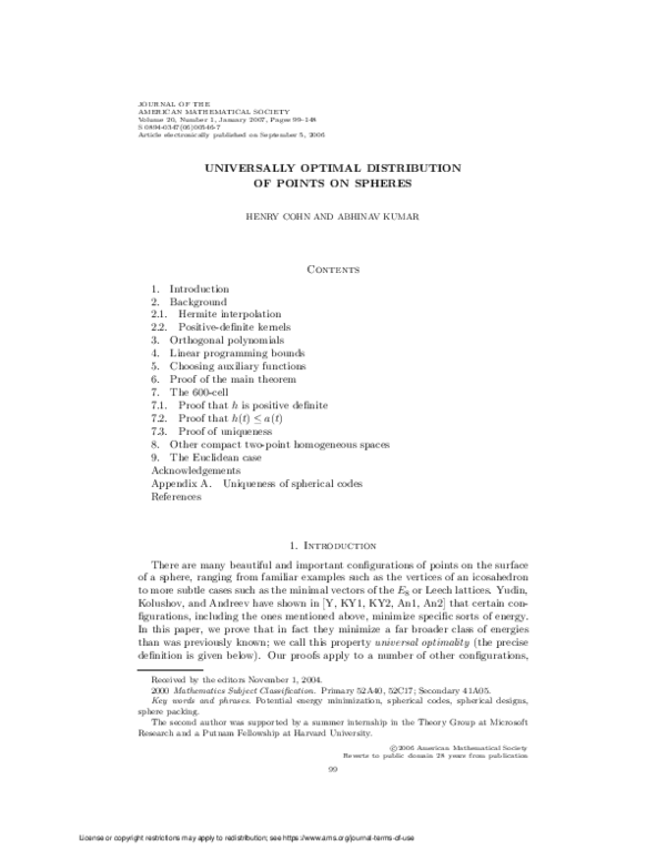 (PDF) Universally optimal distribution of points on spheres