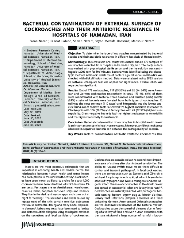 (PDF) Bacterial Contamination of External Surface of Cockroaches and ...