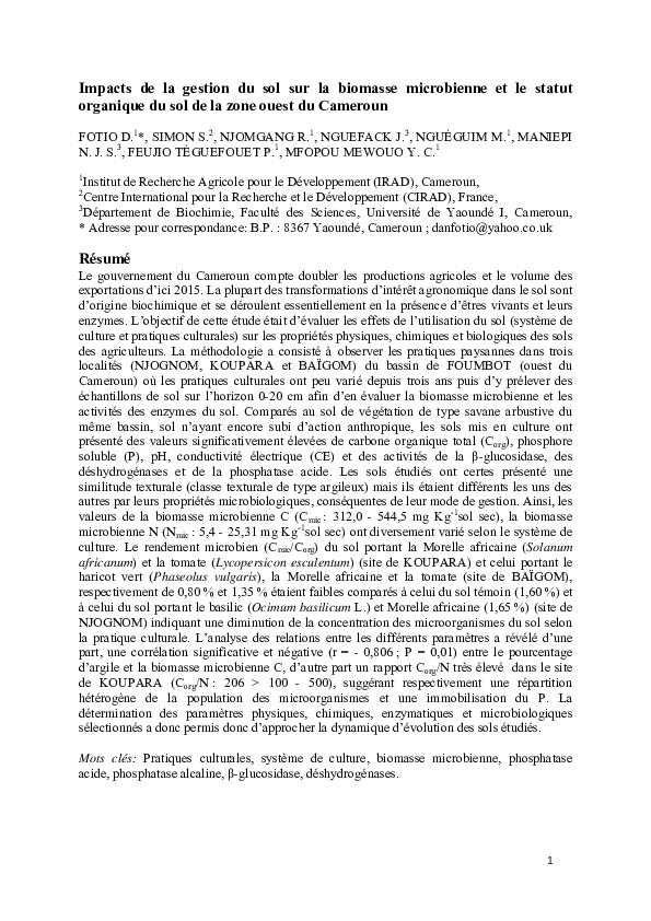 (PDF) Impacts de la gestion du sol sur la biomasse microbienne et le ...