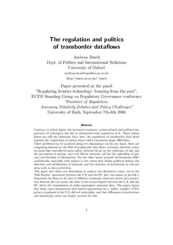 (PDF) The regulation and politics of transborder dataflows