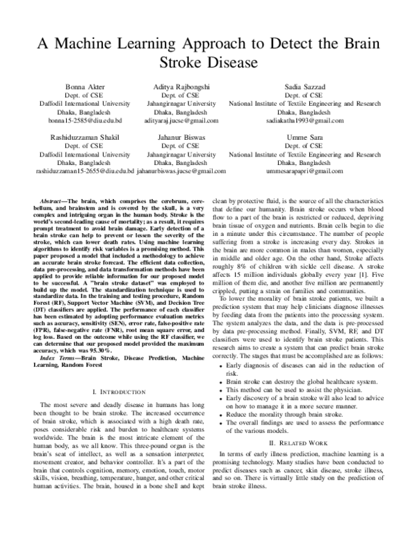 (PDF) A Machine Learning Approach to Detect the Brain Stroke Disease