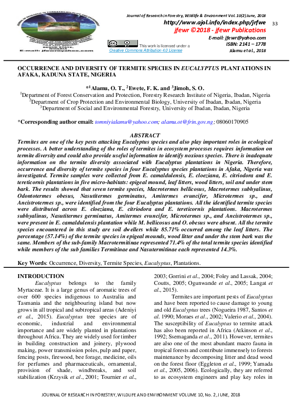 (PDF) Occurrence and diversity of termite species in Eucalyptus ...