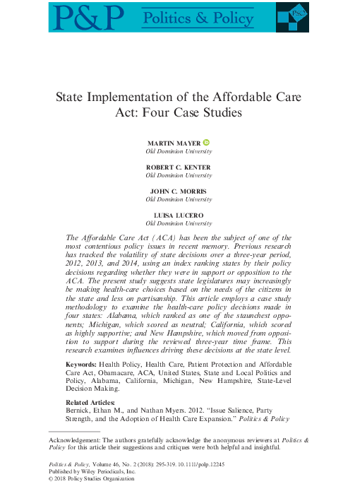 (PDF) State Implementation of the Affordable Care Act: Four Case Studies