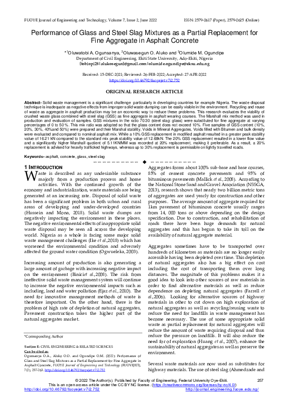 (PDF) Performance of Glass and Steel Slag Mixtures as a Partial ...