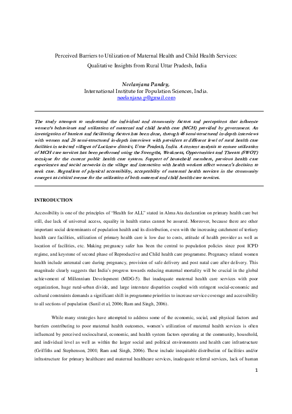(PDF) Perceived Barriers to Utilization of Maternal Health and Child ...
