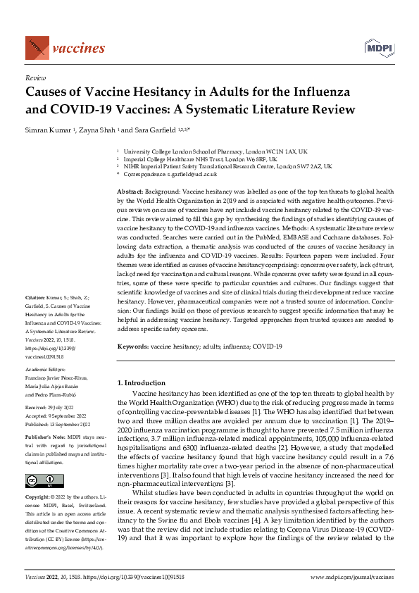 (PDF) Causes of Vaccine Hesitancy in Adults for the Influenza and COVID ...