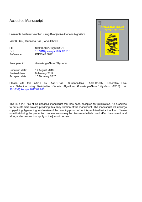 (PDF) Ensemble feature selection using bi-objective genetic algorithm