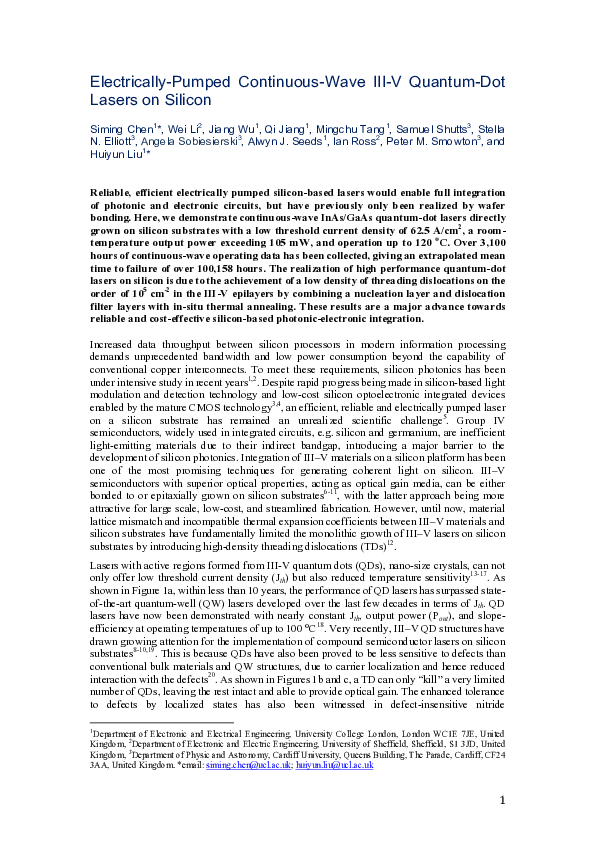 (PDF) Electrically pumped continuous-wave III–V quantum dot lasers on ...