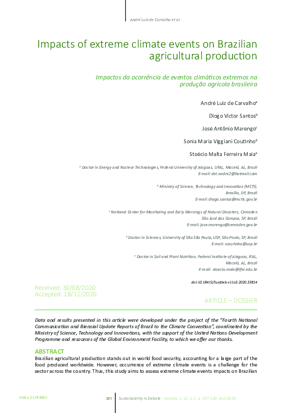 Pdf Impacts Of Extreme Climate Events On Brazilian Agricultural