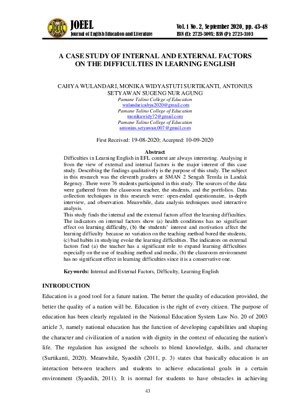 (PDF) A Case Study of Internal and External Factors on the Difficulties ...