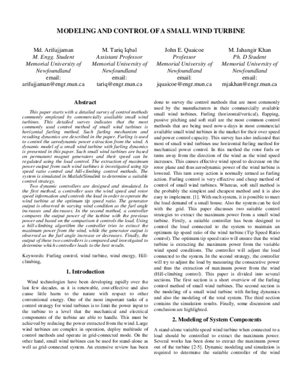 (PDF) Modeling and control of a small wind turbine