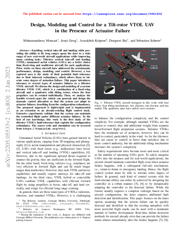 (PDF) Design, Modeling and Control for a Tilt-rotor VTOL UAV in the ...
