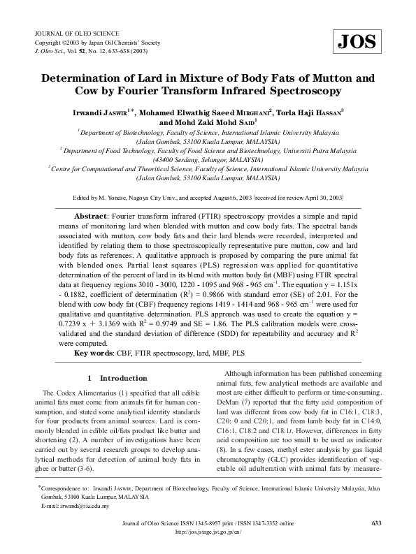 (PDF) Determination of Lard in Mixture of Body Fats of Mutton and Cow ...