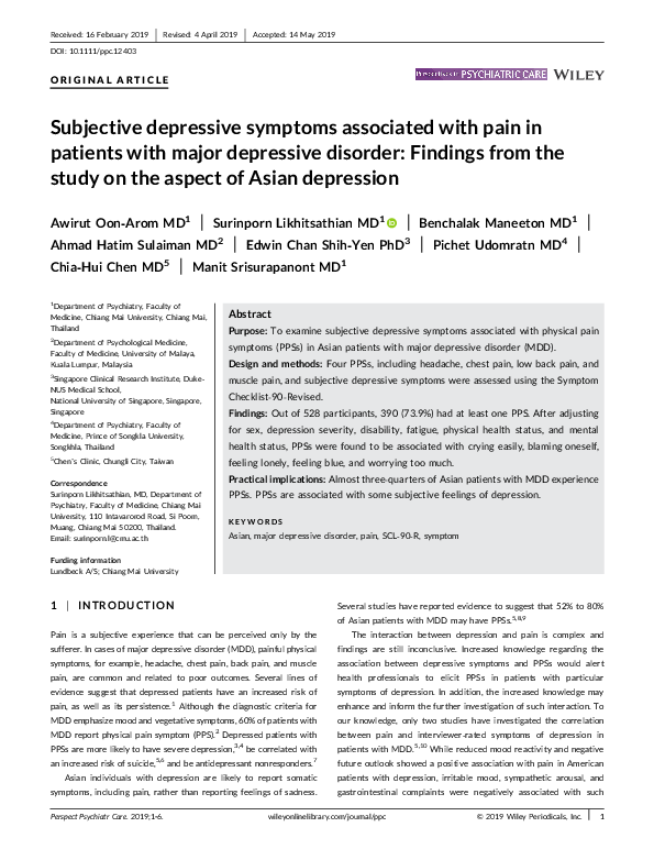 (PDF) Subjective depressive symptoms associated with pain in patients ...