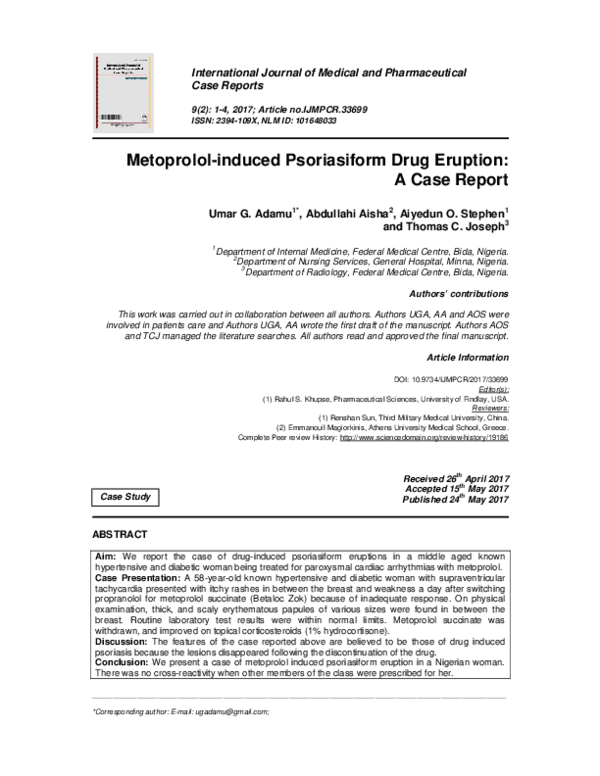 (PDF) Metoprolol-induced Psoriasiform Drug Eruption: A Case Report