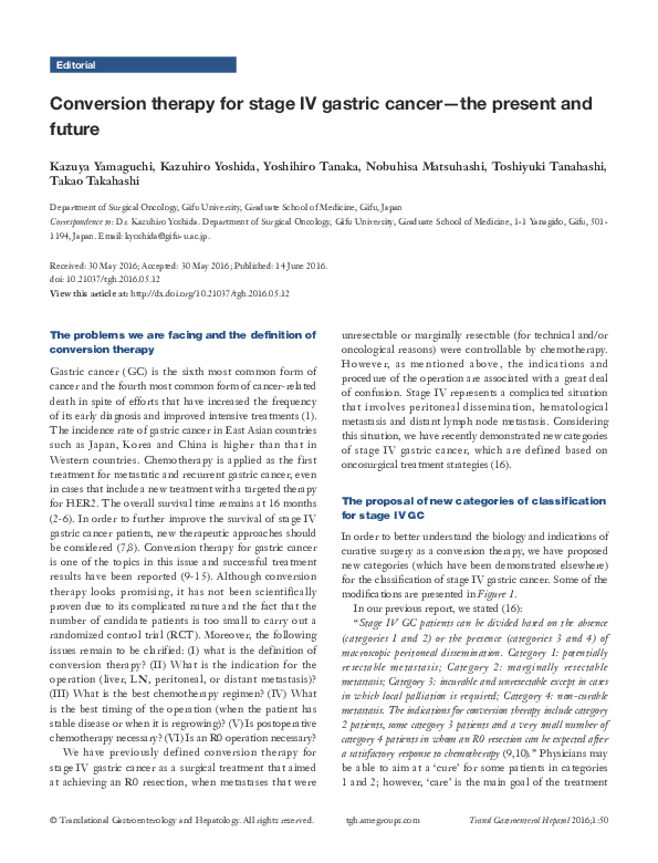 (PDF) Conversion therapy for stage IV gastric cancer-the present and future