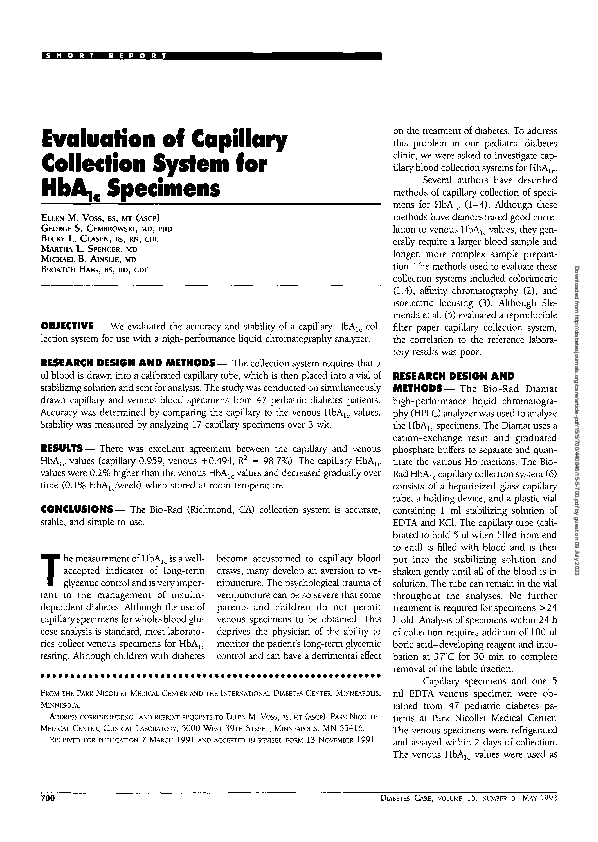 (PDF) Evaluation of Capillary Collection System for HbA1c Specimens