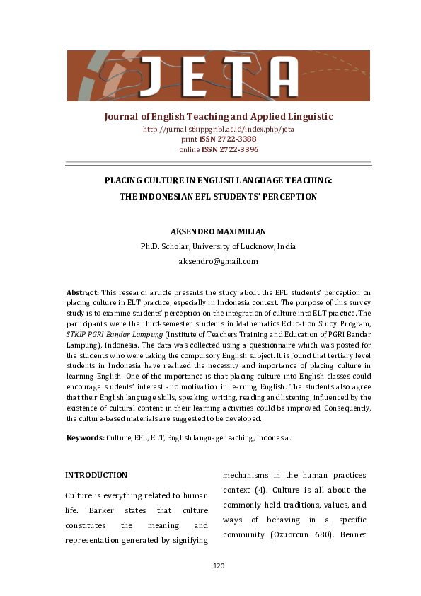 (PDF) Placing Culture in English Language Teaching: The Indonesian Efl ...