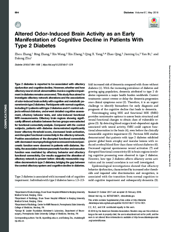 (PDF) Altered Odor-Induced Brain Activity as an Early Manifestation of ...