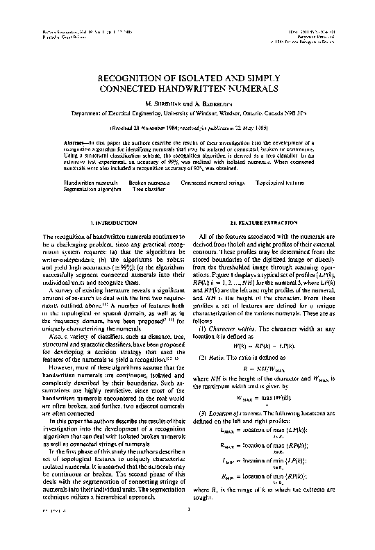 (PDF) Recognition of isolated and simply connected handwritten numerals