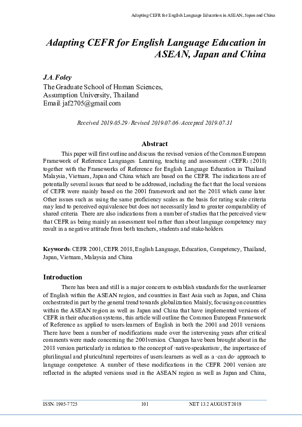 (PDF) Adapting CEFR for English Language Education in ASEAN, Japan and ...
