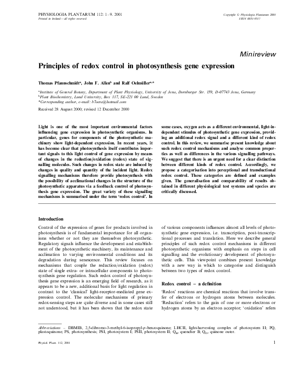 (PDF) Principles of redox control in photosynthesis gene expression