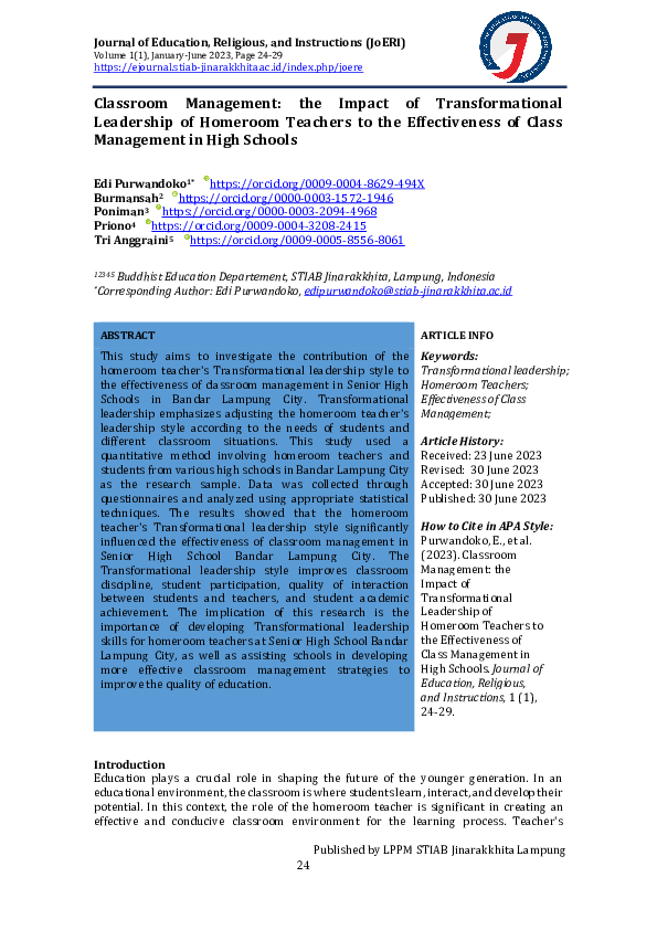 (PDF) Classroom Management: the Impact of Transformational Leadership ...