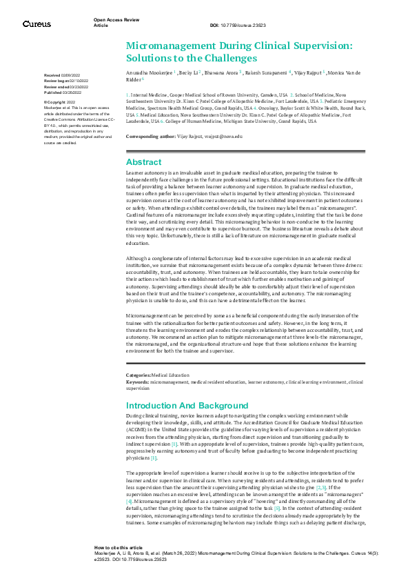 (PDF) Micromanagement During Clinical Supervision: Solutions to the ...