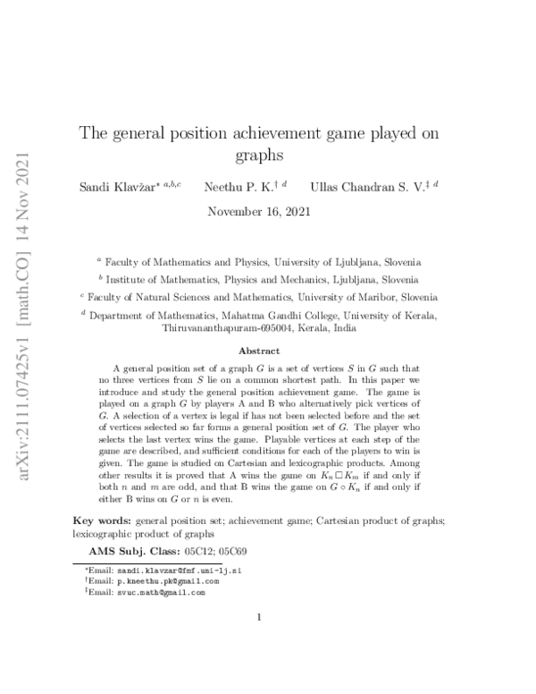 (PDF) The general position achievement game played on graphs