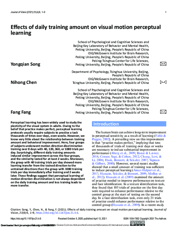 (PDF) Effects of daily training amount on visual motion perceptual learning