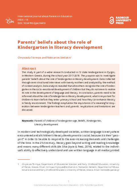 (PDF) Parents’ beliefs about the role of Kindergarten in literacy ...