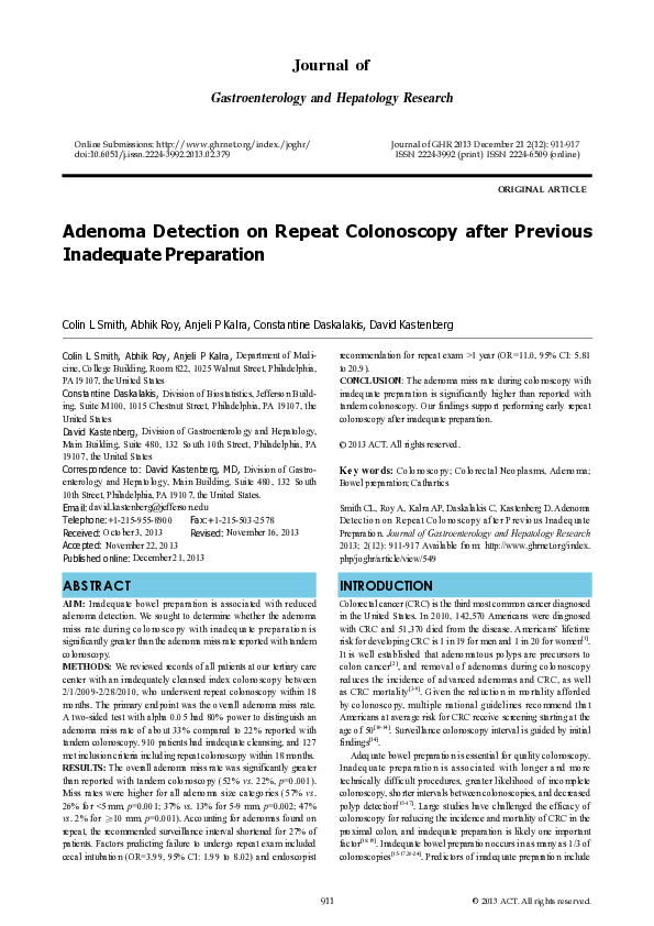 (PDF) Adenoma Detection on Repeat Colonoscopy after Previous Inadequate ...