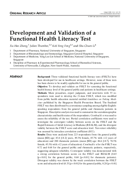 (PDF) Development and Validation of a Functional Health Literacy Test