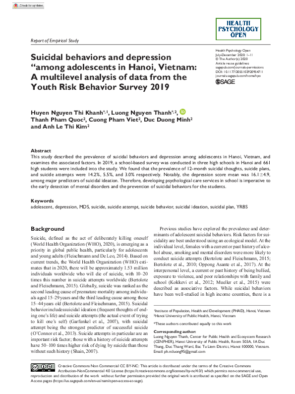 (PDF) Suicidal behaviors and depression “among adolescents in Hanoi ...