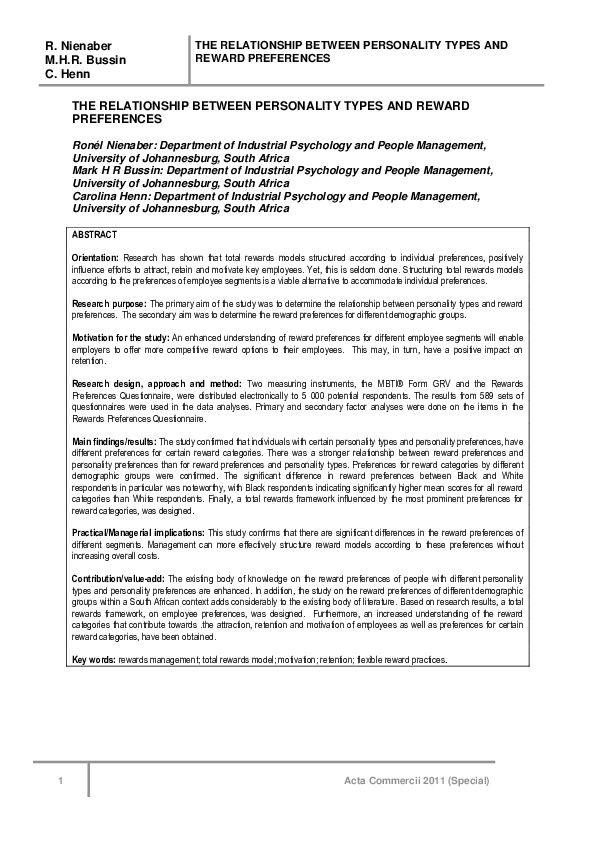 (PDF) The relationship between personality types and reward preferences