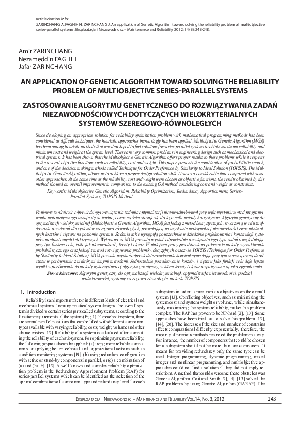 (PDF) An ApplicAtion of Genetic AlGorithm towArd SolvinG the reliAbility