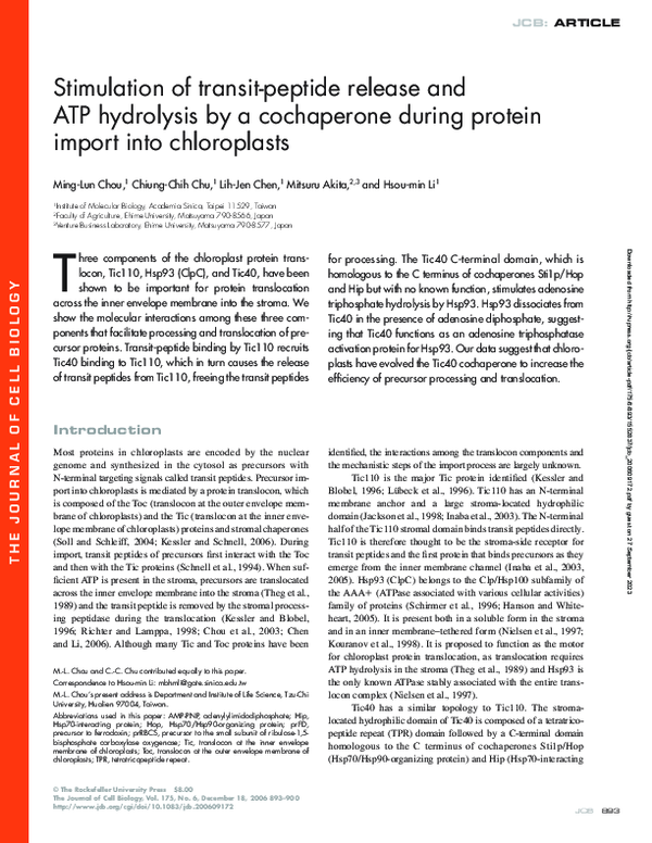 (PDF) Stimulation of transit-peptide release and ATP hydrolysis by a ...