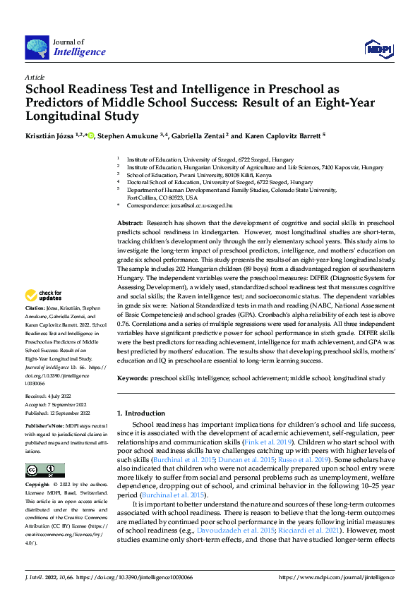 (PDF) School Readiness Test and Intelligence in Preschool as Predictors ...